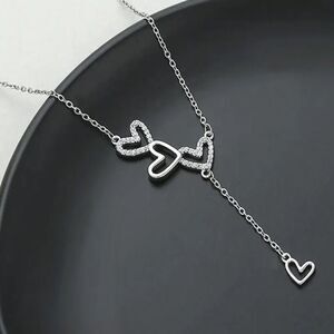 Silver Triple Heart Y-Necklace Pendant Stainless Steel Drop Rhinestone Crystal